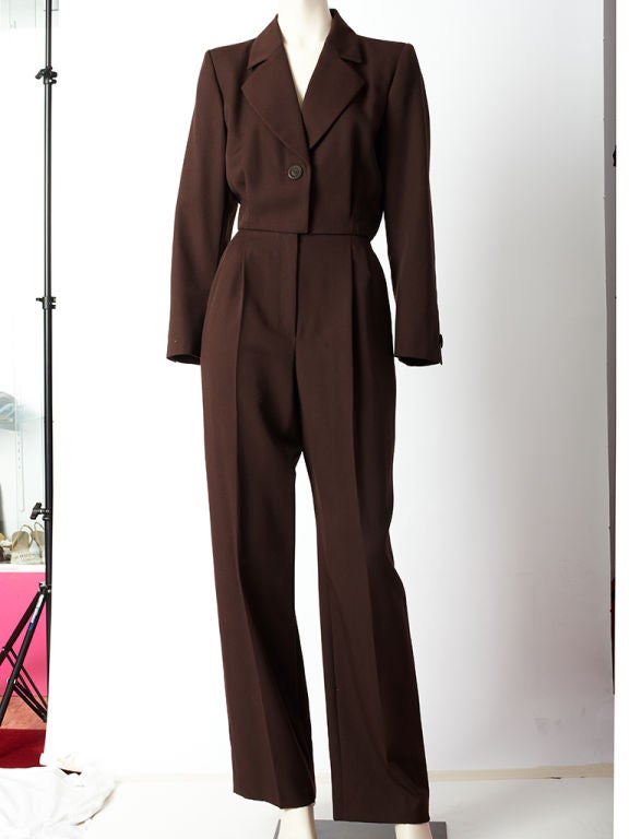 YSl, rive gauche, chocolate, brown, wool jumpsuit with notched lapel collar and pleated trouser. Early 80's.