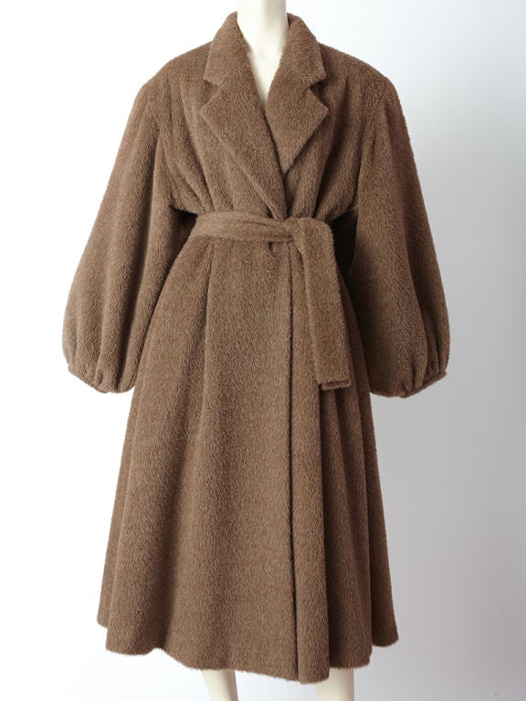 Perry Ellis taupe toned wool and alpaca belted coat with notched collar and full cuffed sleeves.