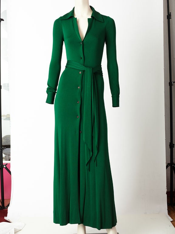 Halston, bottle green, matte jersey, long shirt dress with sash,<br />
C. 1970's