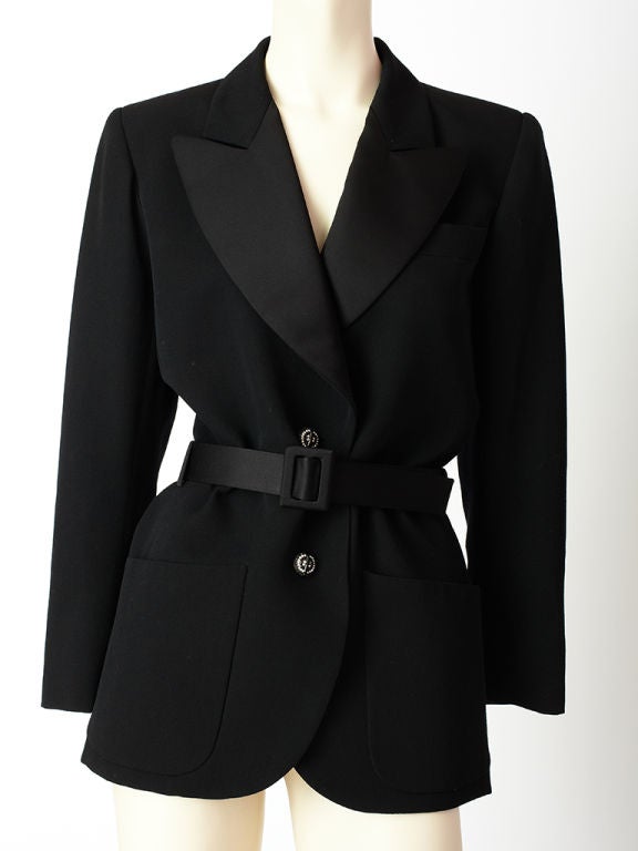 YSl wool tuxedo/ blazer shape, jacket with satin lapels and belt and front pockets. Jeweled button closures.