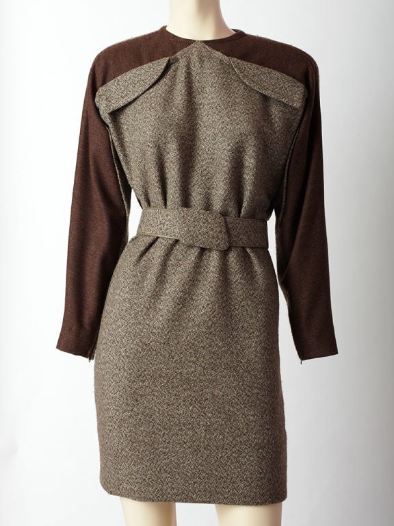 Galanos wool day dress in 2 tones.. Shoulder, neck and part of sleeves are a chocolate brown wool. Body of dress, belt and part of sleeve are in a chocolate and beige tweed. 