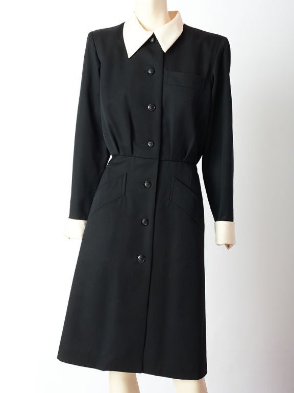 Yves St. Laurent, lightweight, gaberdine, button down shirt dress, with pocket and  ivory textured silk pointed collar and cuffs.