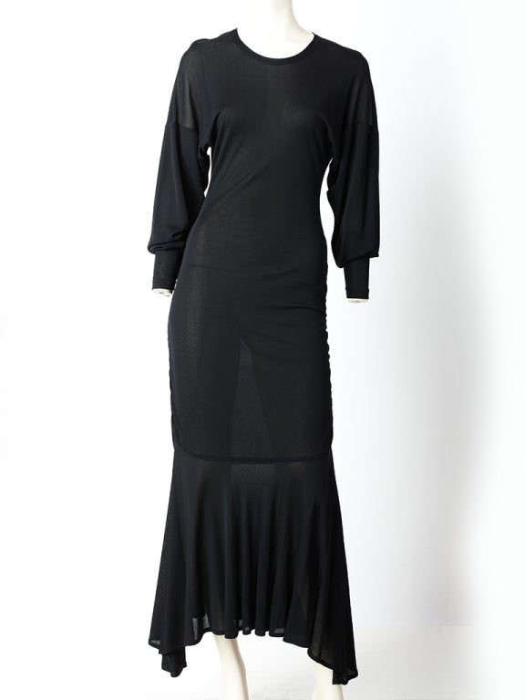 Patrick Kelly, light weight matte jersey fitted maxi dress with<br />
dolman sleeves, shirring at the hips and a bias cut 