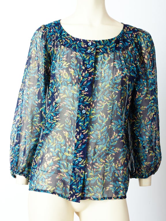 YSl, sheer cotton voile, peasant blouse in a lovely print in tones<br />
of blues and greens..
