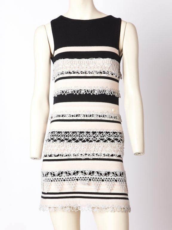 Chanel, cashmere knit, pink and black, horizontal stipe, sleeveless mini dress with crude 