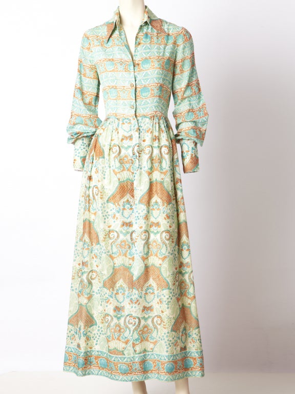 Treacy Lowe, cotton, soft color tone, Indian print, maxi, shirt dress, c. 1970's.