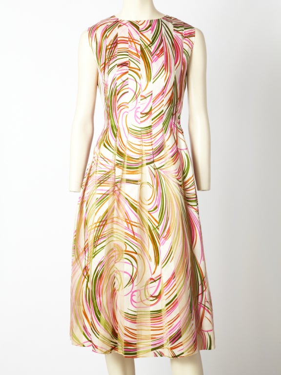 Pauline Trigere, multi tone, swirl pattern, silk organza, sleeveless dress with fitted bodice and loose box pleated skirt details.