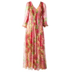 Galanos Floral Chiffon Smocked Maxi Dress
