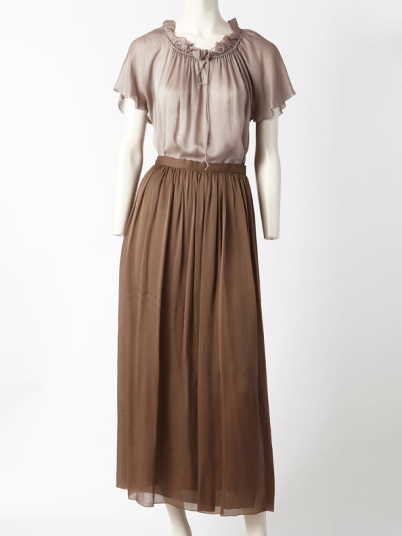 John Anthony,silk, 2 piece maxi ensemble with a dusty mauve, peasant style top and taupey brown gathered, layered skirt.
