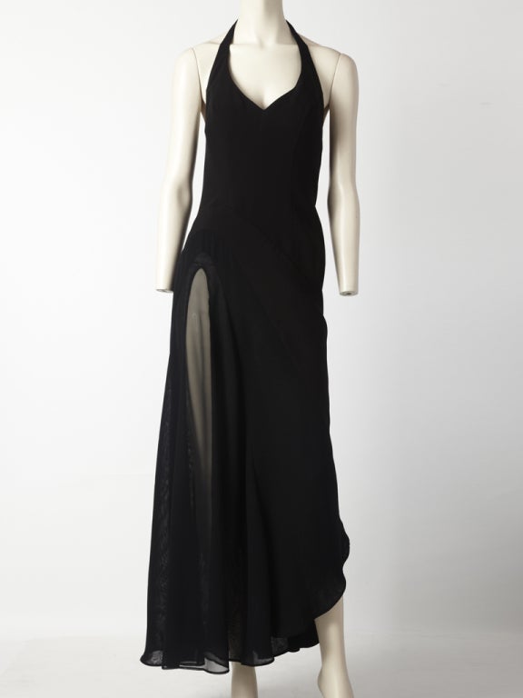 Thierry Muglar, halter neck, crepe, open back long dress with a pieced, bias cut chiffon panel detail on right side of the dress.