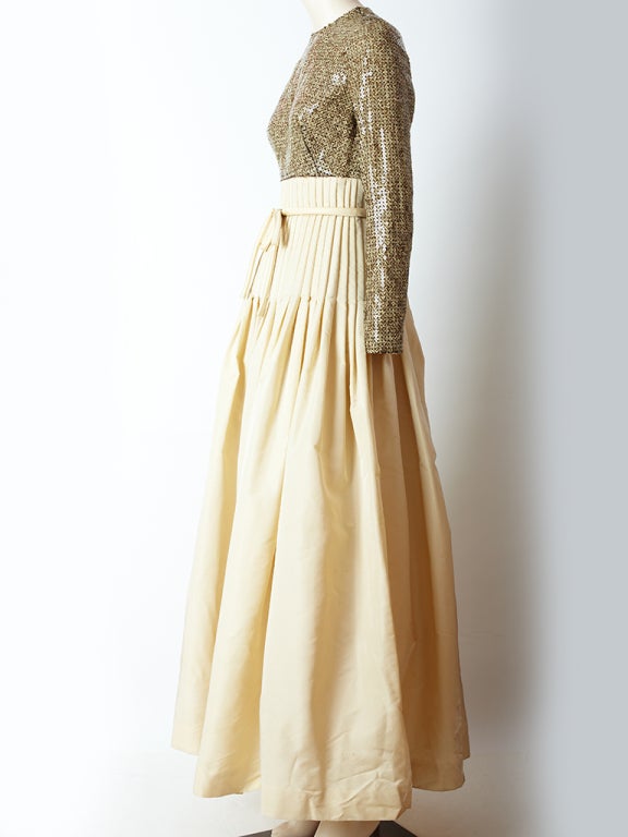 Beige Sequined and Taffeta  60's Gown