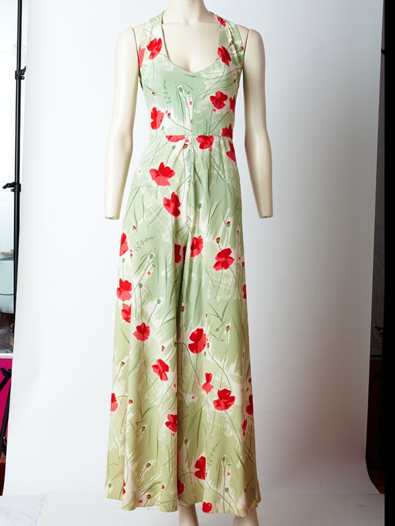 Pauline Trigere Poppy Print Palazzo Jumpsuit