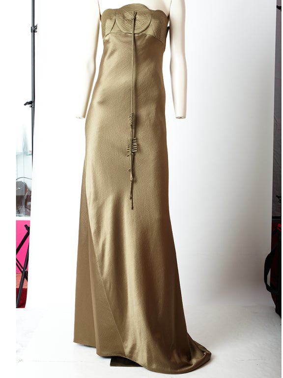 Ralph Rucci, olive green, hammered satin Asian inspired, bias cut,
strapless gown.