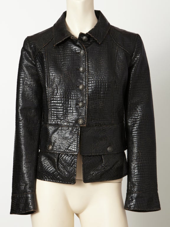Chanel, chocolate brown with bronze undertone, faux crocodile,vintage inspired, fabric jacket.