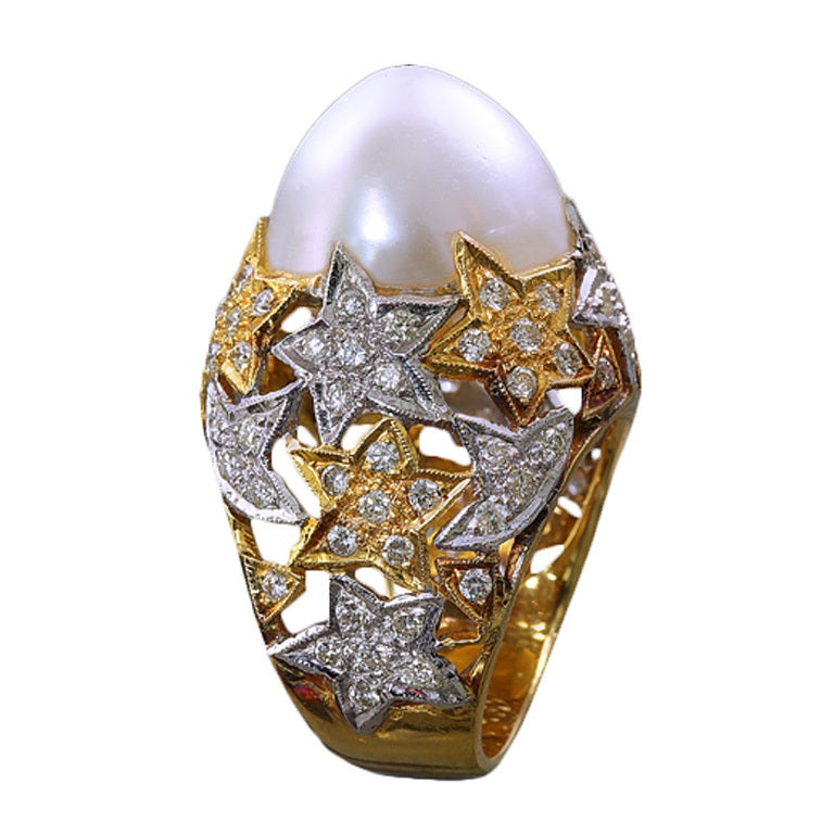 Pearl Diamond Gold Star Cocktail Ring