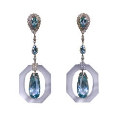 A Pair of Aquamarine and Diamond  Pendent Earrings