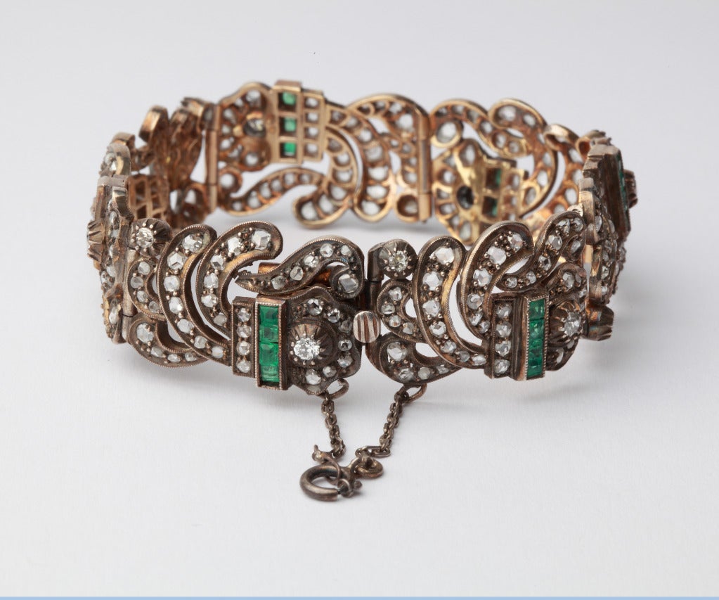 Rose Cut Art Deco Diamond Emerald Link Bracelet