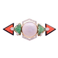 D. Webb chalcedony, emeralds coral and diamonds brooch