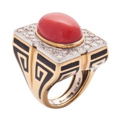 D. Webb gold and platinum, black enamel coral and diamonds ring