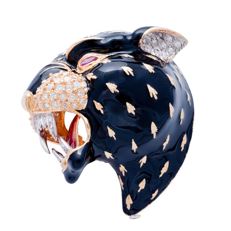 Frascarolo gold, diamonds and enamel panther brooch For Sale