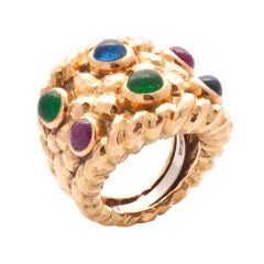 Vintage David Webb gold and cabouchon rubies, emeralds and sapphires ring