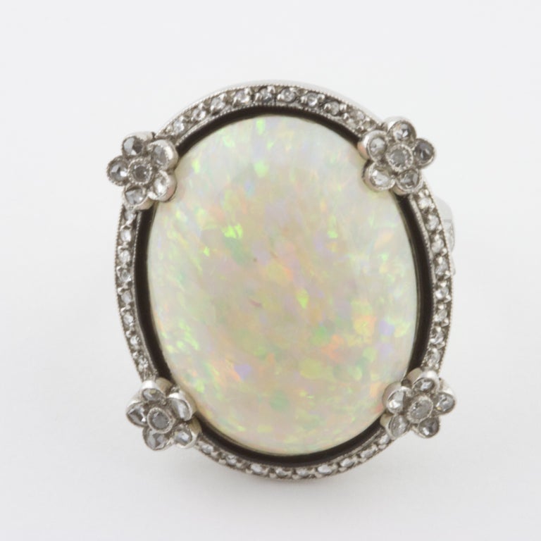 An Edwardian 13 carat opal set in a platinum ring with diamond accents. The finishing highlight is the enamel surrounding the opal.

Ring size: 6.5 and can be re-sized