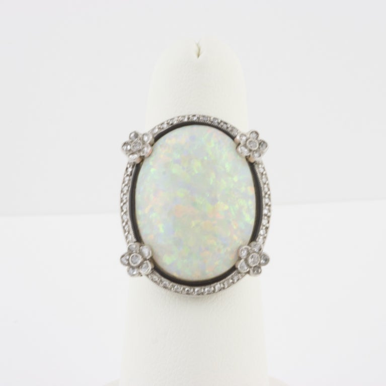 Edwardian Opal Diamond Platinum Ring In Excellent Condition In Beverly Hills, CA