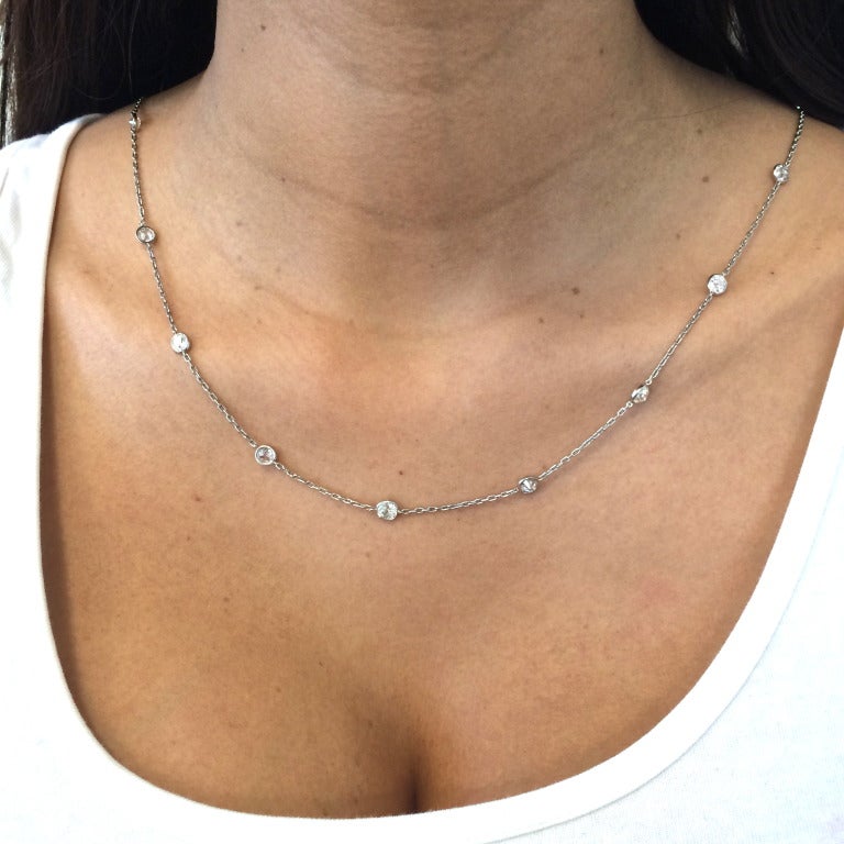 An original platinum chain.The length is 18 inches. There are 18 old euro diamonds weighing approximately 7.20 carats.