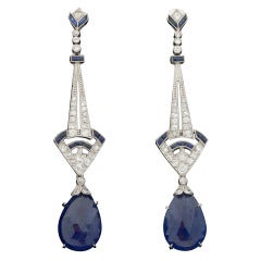 Antique GIA Sapphire and Diamond Dangle Earrings