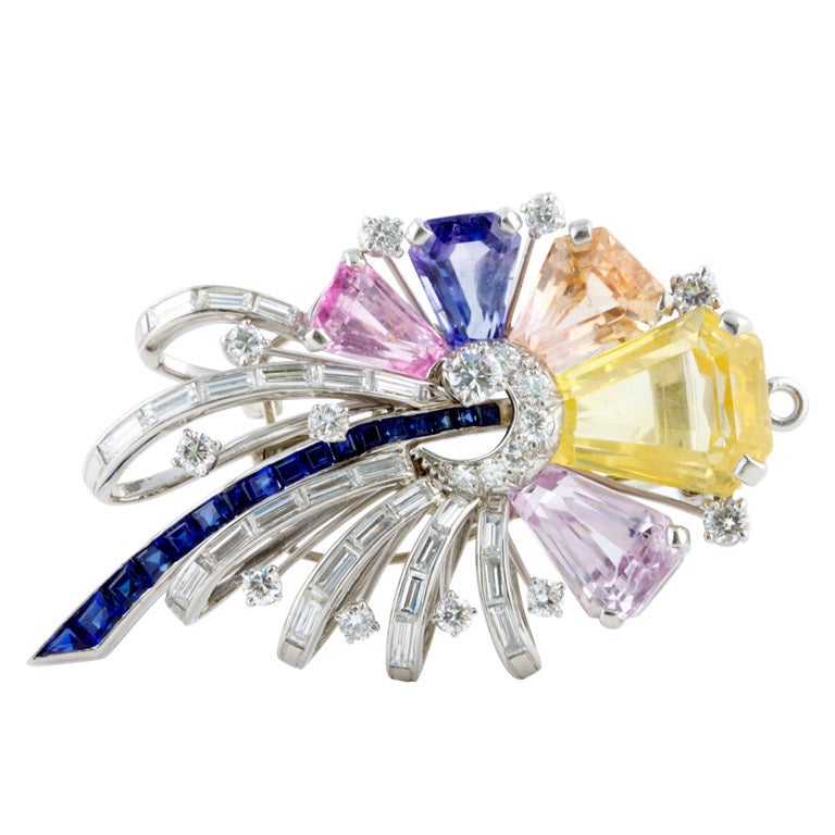 Oscar Heyman Multicolored Sapphire Diamond Brooch