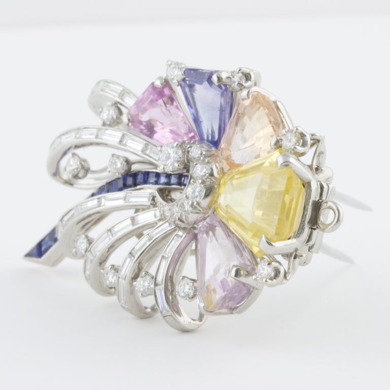 Oscar Heyman Multicolored Sapphire Diamond Brooch In Excellent Condition In Beverly Hills, CA