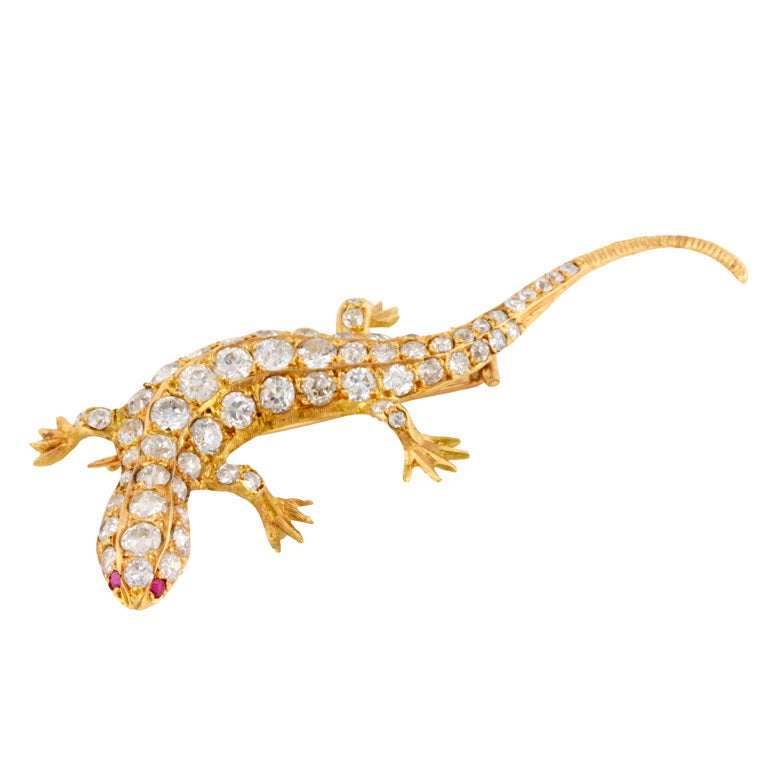 French Ruby Diamond Gold Lizard Brooch at 1stdibs