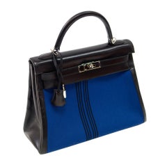 Hermes Kelly H Potamus Canvas Blue Box Calf 28cm