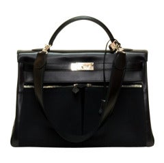 Hermes Kelly Likis Black Calf & Canvas wtih Palladium Hardware 40cm.