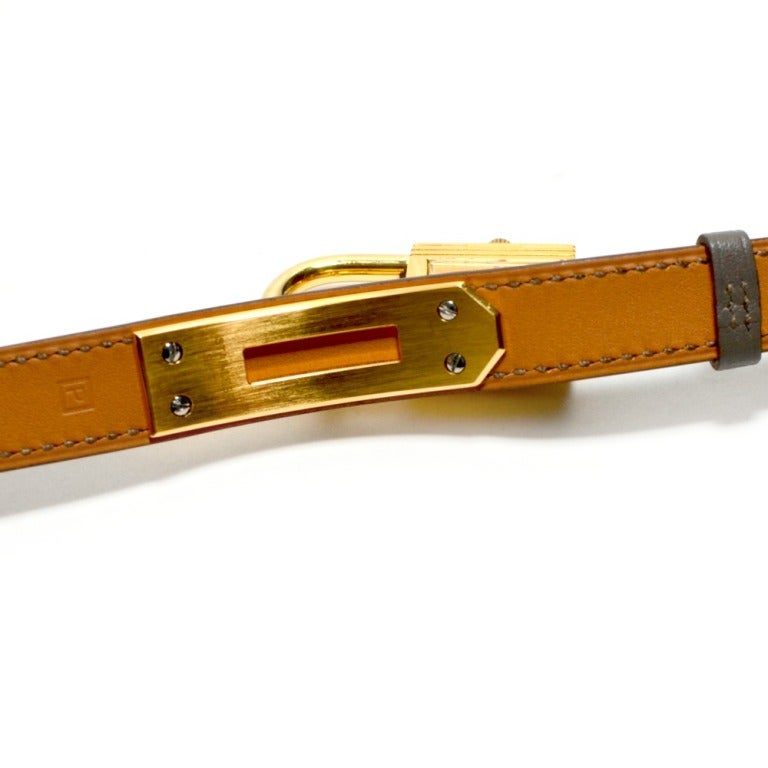 Hermes Kelly Gold Plated Watch Grey Double Tour Strap. In Excellent Condition For Sale In Houston, TX