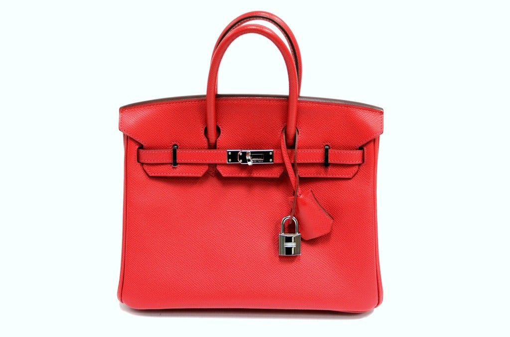 Brand:Hermes
Style: Birkin
Size: 25 cm
Year:M Box
Hardware:Palladium
Leather:Epson
Color:Red
Key-Lock:Yes
Clochette:Yes
Measurements:   W.    10      H.    8     D.   5
Condition:  Good