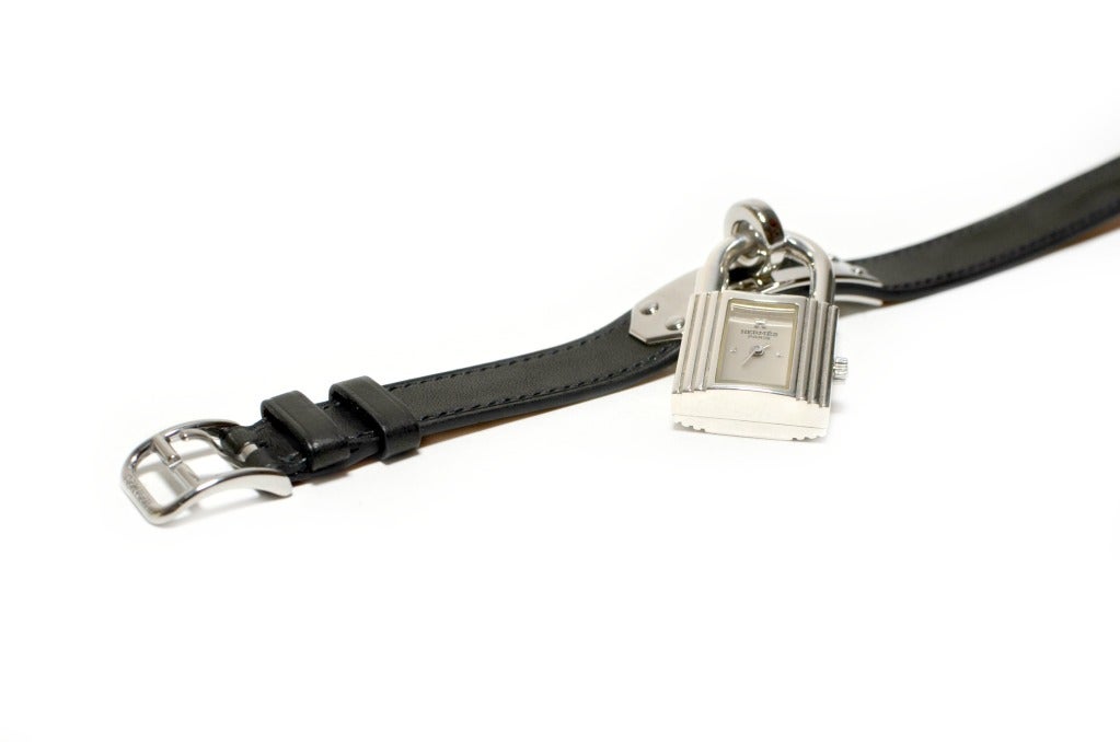 Hermes Kelly Palladium Watch Black Double Tour Strap.