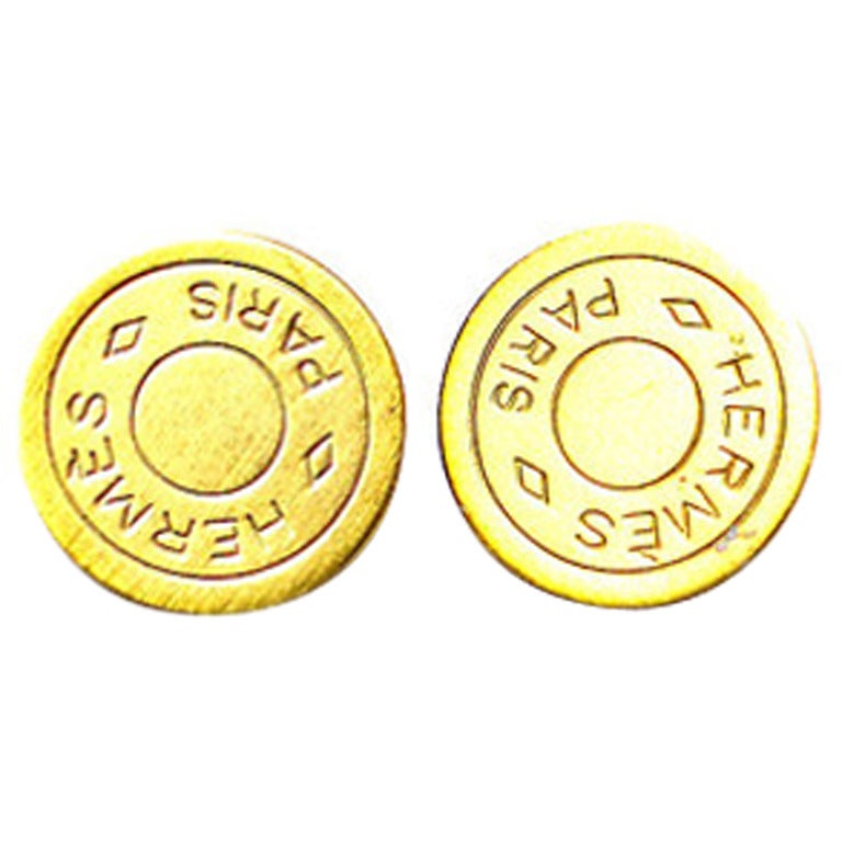 Hermes Gold Tone Button Earrings For Sale