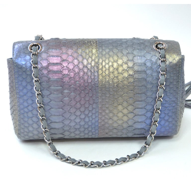 Chanel Python Iridescent Flap Silver Hardware In Excellent Condition In Houston, TX