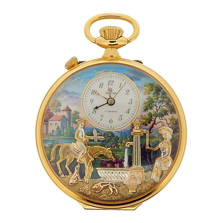 Reuge Gilt Keywound Musical Automaton Pocket Watch circa 1980s For Sale