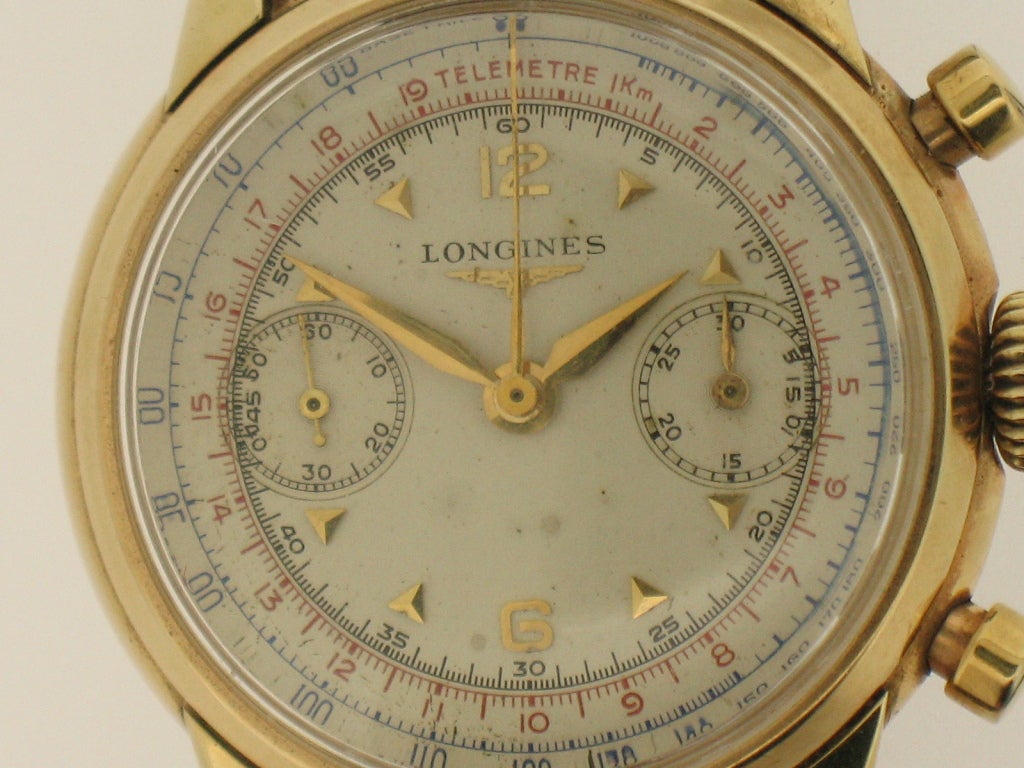 Longines 18k yellow gold chronograph wristwatch, 35mm, manual-wind cal. 30CH movement, acrylic crystal, original dial and hands, original crown and pushers. Six month warranty