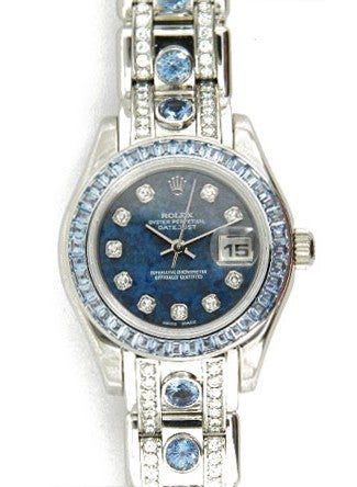 Rolex lady's 18k white gold Pearlmaster, automatic, size 28mm. Ref. 80309, 18k white gold case, sodalite diamond dial, white gold bezel set with 40 sky blue sapphires, 74909SACI bracelet with 174 diamonds and 14 sky blue sapphires, magnified date
