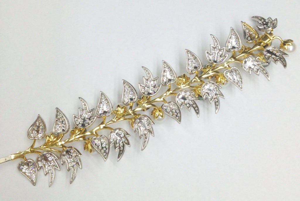 Tiffany & Co. Schlumberger Cultured Pearl Diamond Gold Platinum Bracelet In Excellent Condition For Sale In New York , NY
