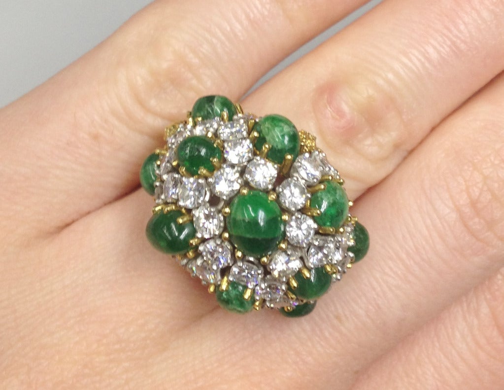 Women's French Cabochon Emerald Diamond Gold Platinum Dome Ring For Sale