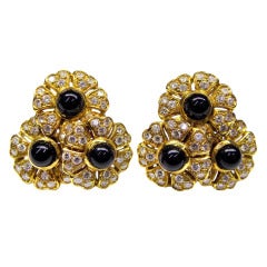 Diamond Black Onyx Gold Flower Floral Design Earclips Earrings