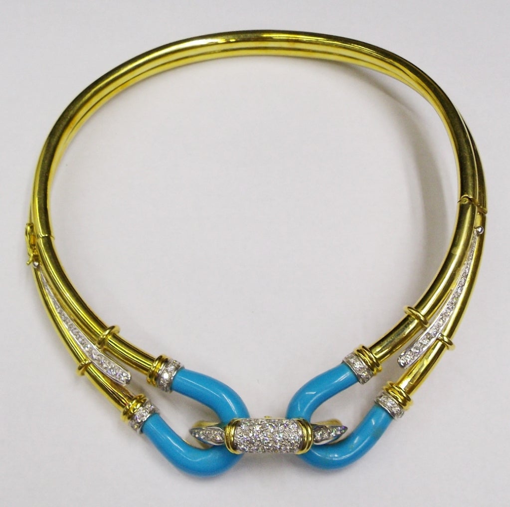 The necklace and bracelet set at the front with turquoise segments, accented by round diamonds weighing a total of approximately 6 carats. 
Total gross weight approximately - 139 dwts, necklace internal circumference 15 inches, bracelet internal