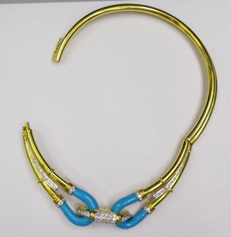 Turquoise Diamond Gold Choker Necklace Bracelet Set In Excellent Condition For Sale In New York , NY