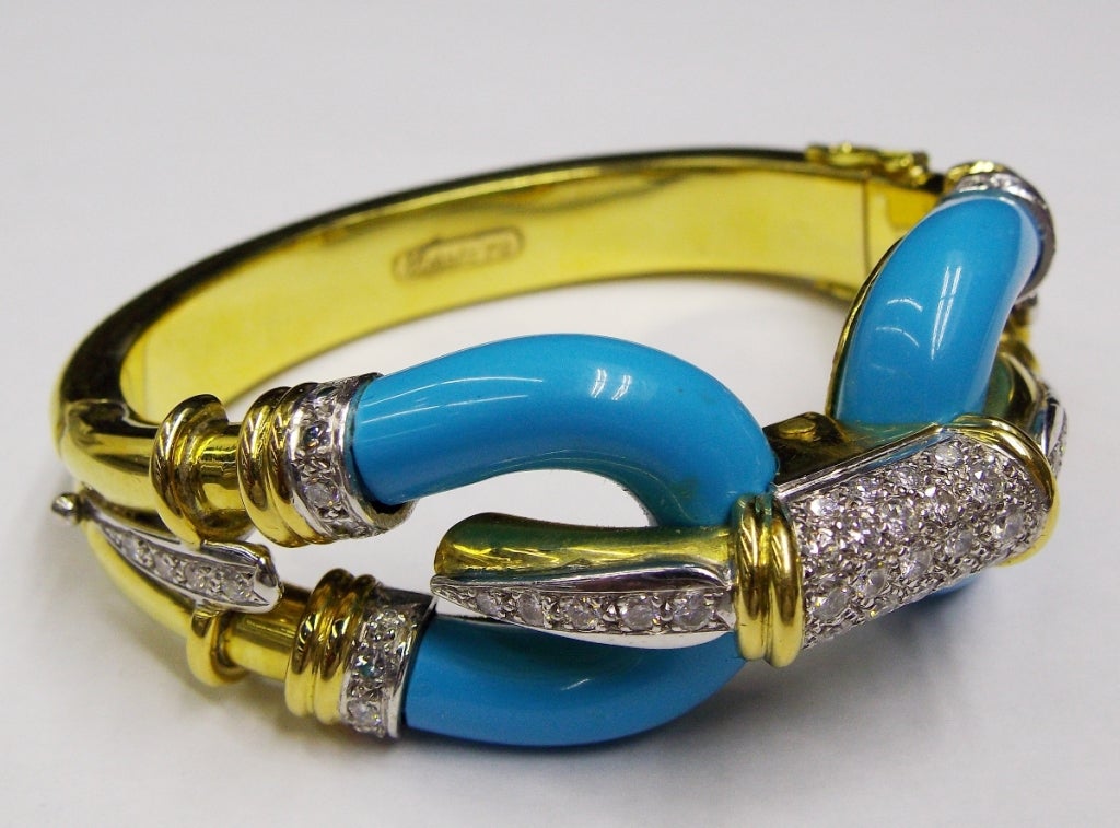 Turquoise Diamond Gold Choker Necklace Bracelet Set For Sale 1