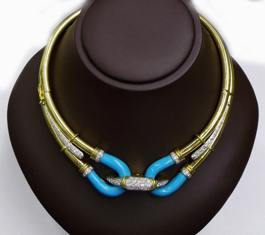 Turquoise Diamond Gold Choker Necklace Bracelet Set For Sale 5