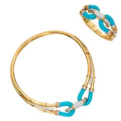 Turquoise Diamond Gold Choker Necklace Bracelet Set